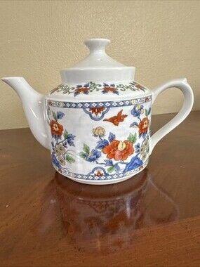 Vintage Chinoiserie Teapot Asian Blue Orange Imari-Style